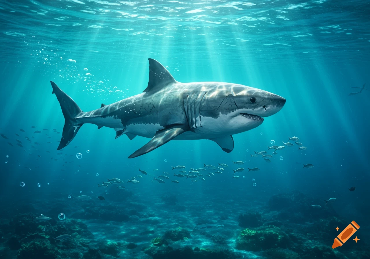 A photorealistic great white shark swims underwater, with sunlight rays piercing through the blue ocean and schools of fish.