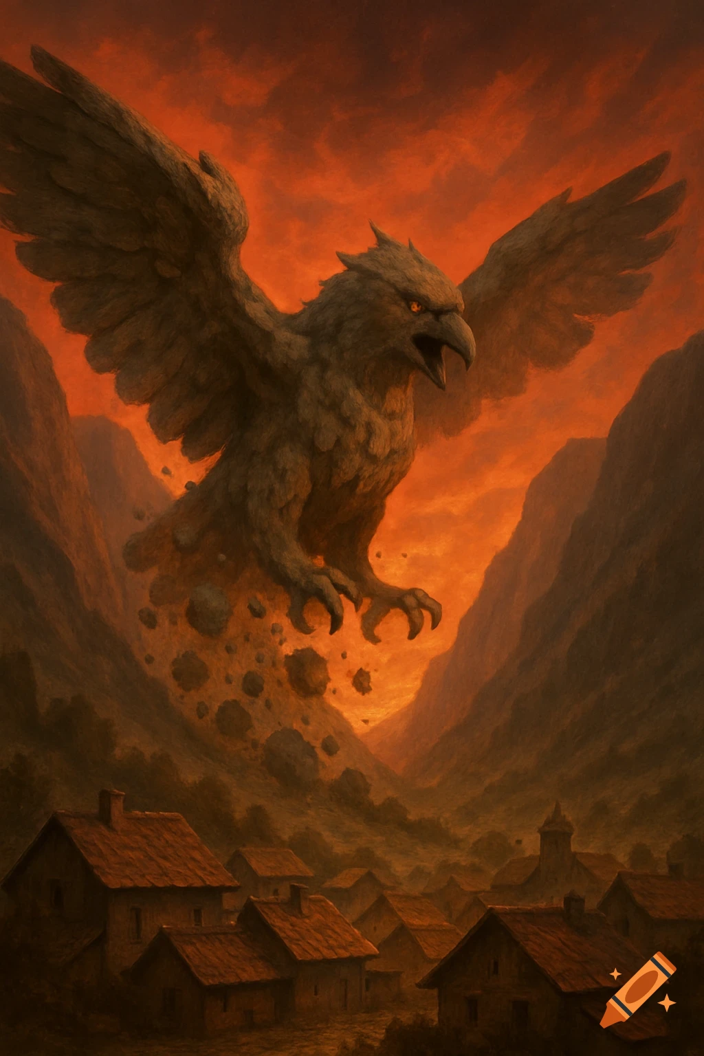 A colossal, stone-like Roc bird monster with glowing eyes descends over a small village in a valley under a fiery orange sky, with rocks falling from its body.