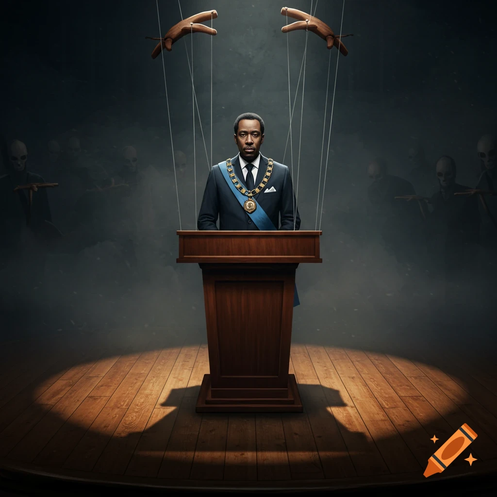 A man in a mayoral suit stands behind a podium on a spotlighted stage, controlled by puppet strings. Shadowy figures lurk in the dimly lit background.
