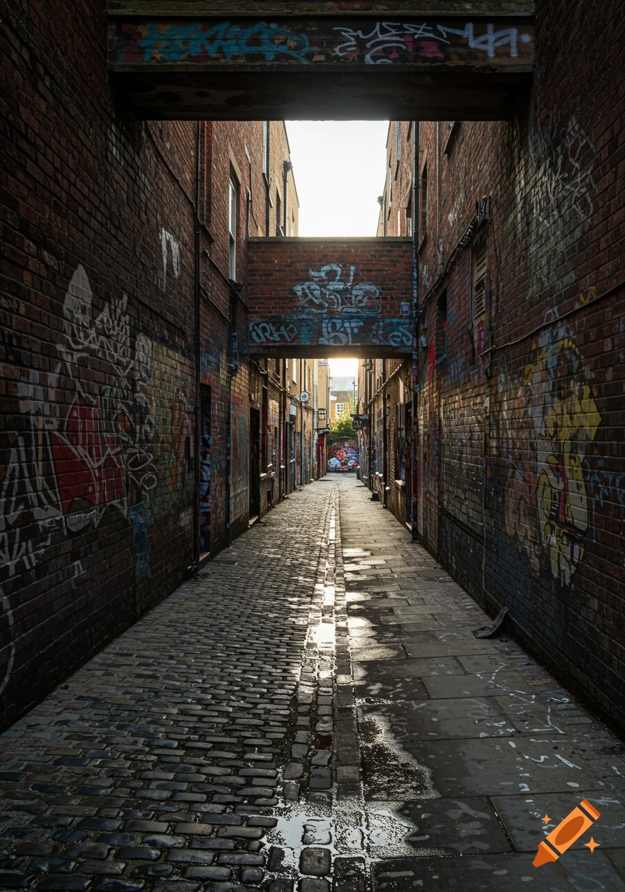 A narrow, graffiti-covered brick alleyway with cobblestone and paved ground, sunlight reflecting in puddles.