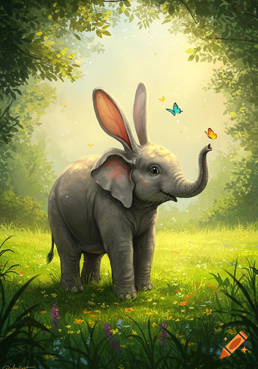 A whimsical baby elephant with long bunny ears looks at a butterfly on its trunk in a sunny, green forest clearing filled with wildflowers.