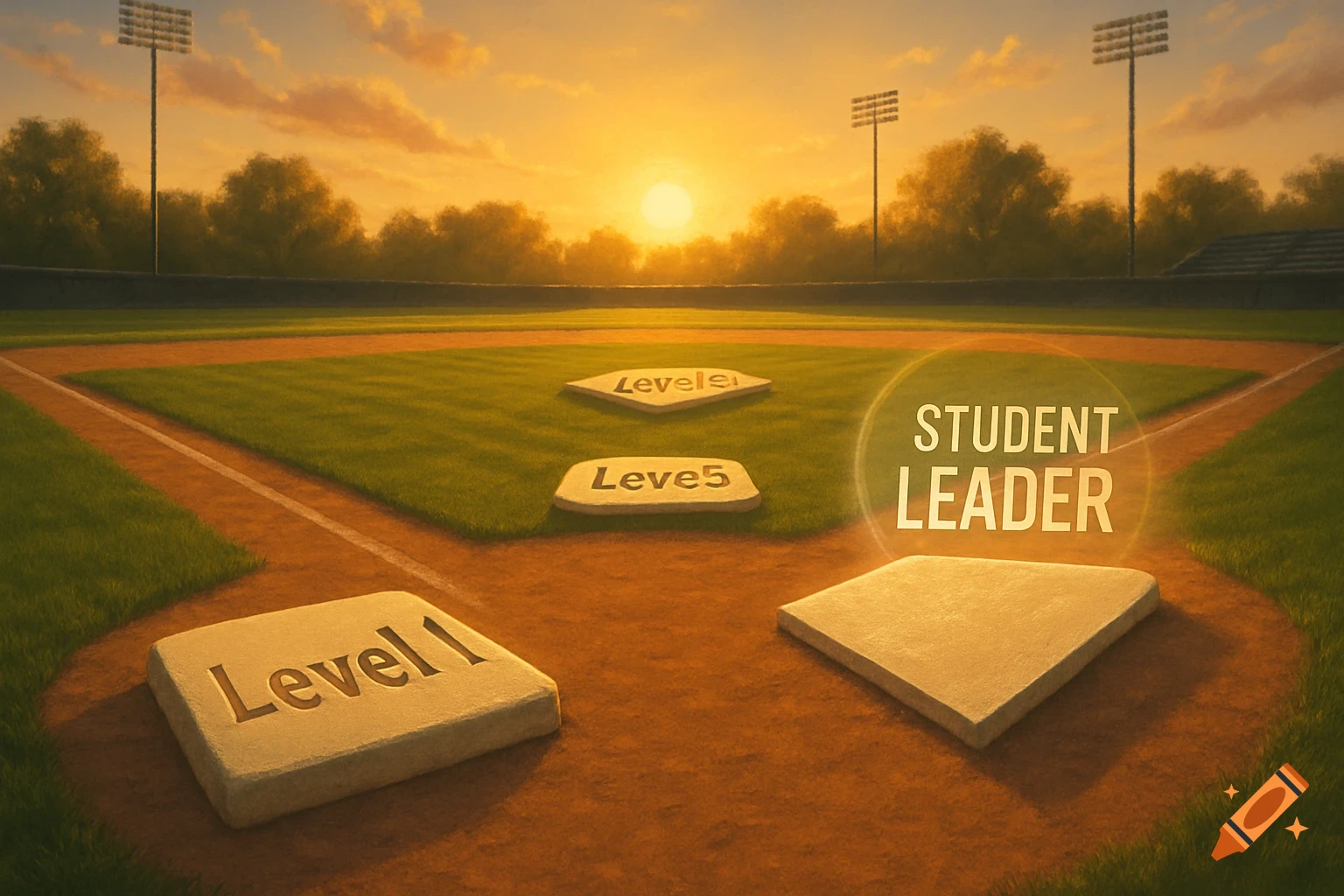 Baseball diamond at sunset with 'Level 1', 'Leve1e', 'Leve5', and 'STUDENT LEADER' on bases.