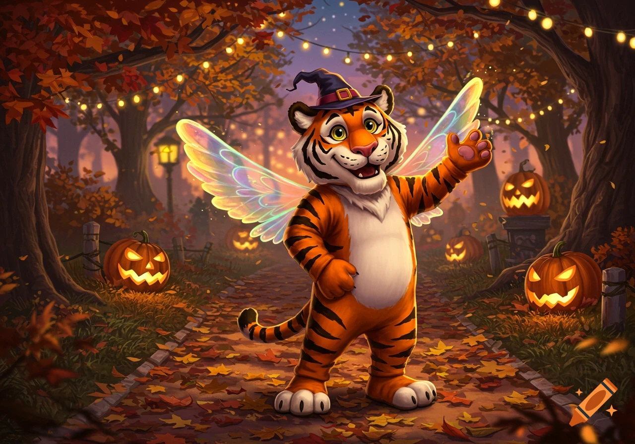 A cartoon tiger, Aubie, wearing a witch hat and fairy wings, waves on an autumn path with jack-o'-lanterns and string lights.
