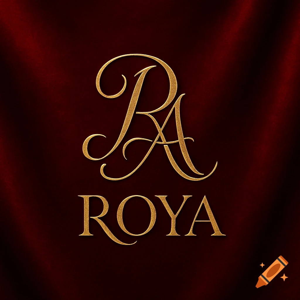 Elegant golden R and A monogram with the word ROYA below, on a deep red velvet background.