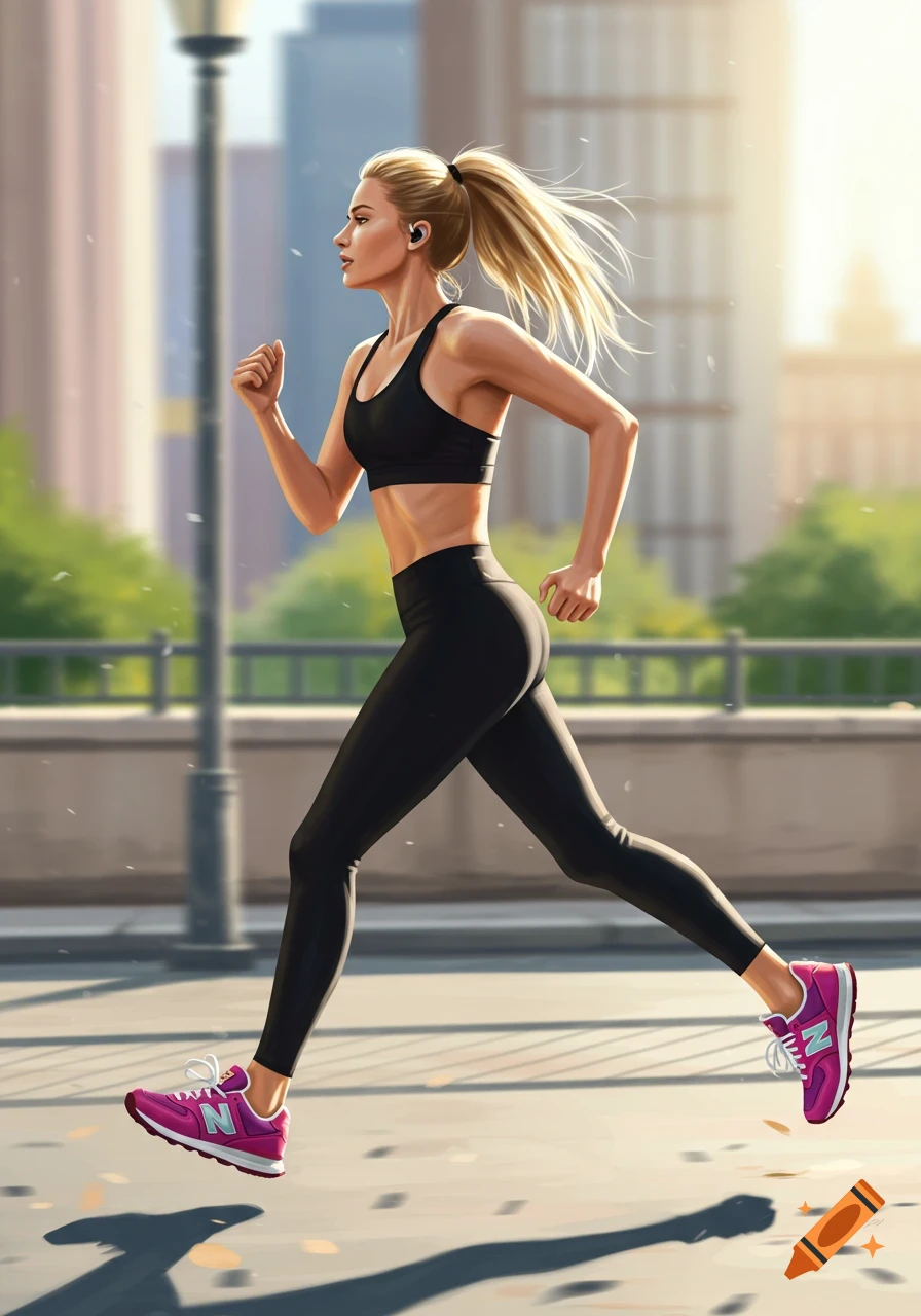 Blonde woman in black sports bra and leggings running on a sunny city street, illustrated in a vibrant style.