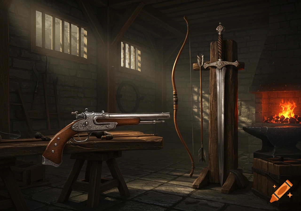 A detailed view of a rustic weapons workshop with a flintlock pistol, bow and arrows, a sword in a stand, and a glowing forge.