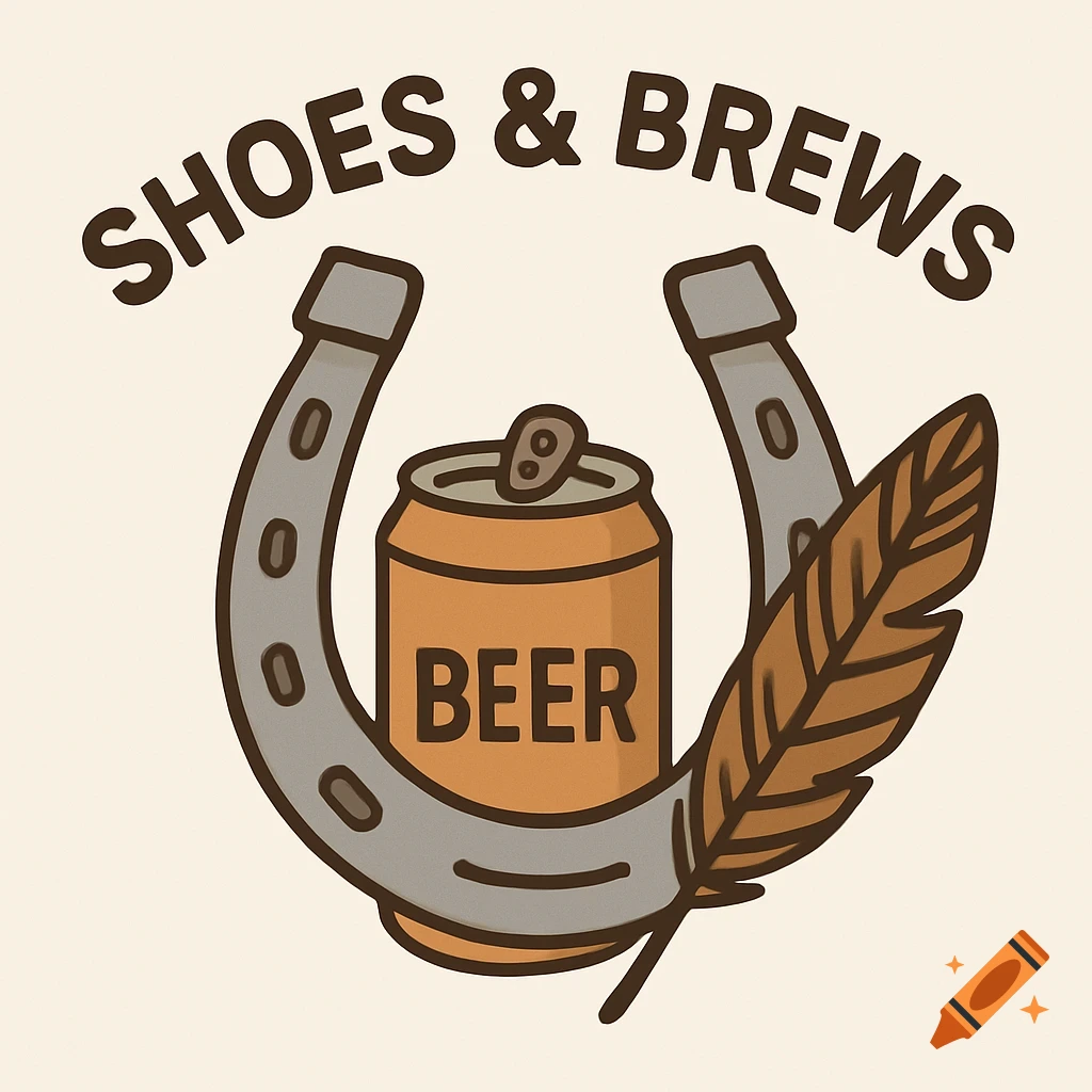 Stylized logo featuring a horseshoe, a beer can, and a feather, with the text "SHOES & BREWS" and "BEER".