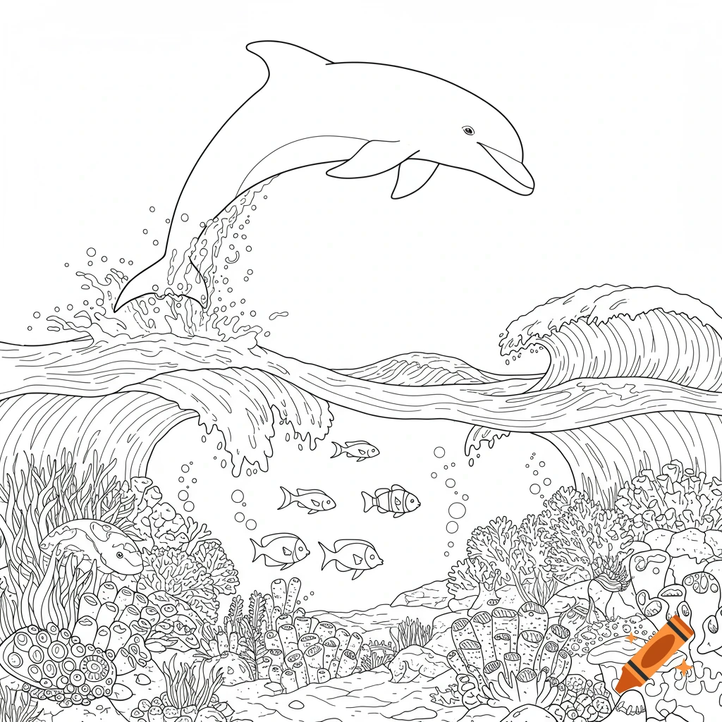 Black and white line art coloring page of a dolphin jumping above ocean waves, with a detailed coral reef and fish below.