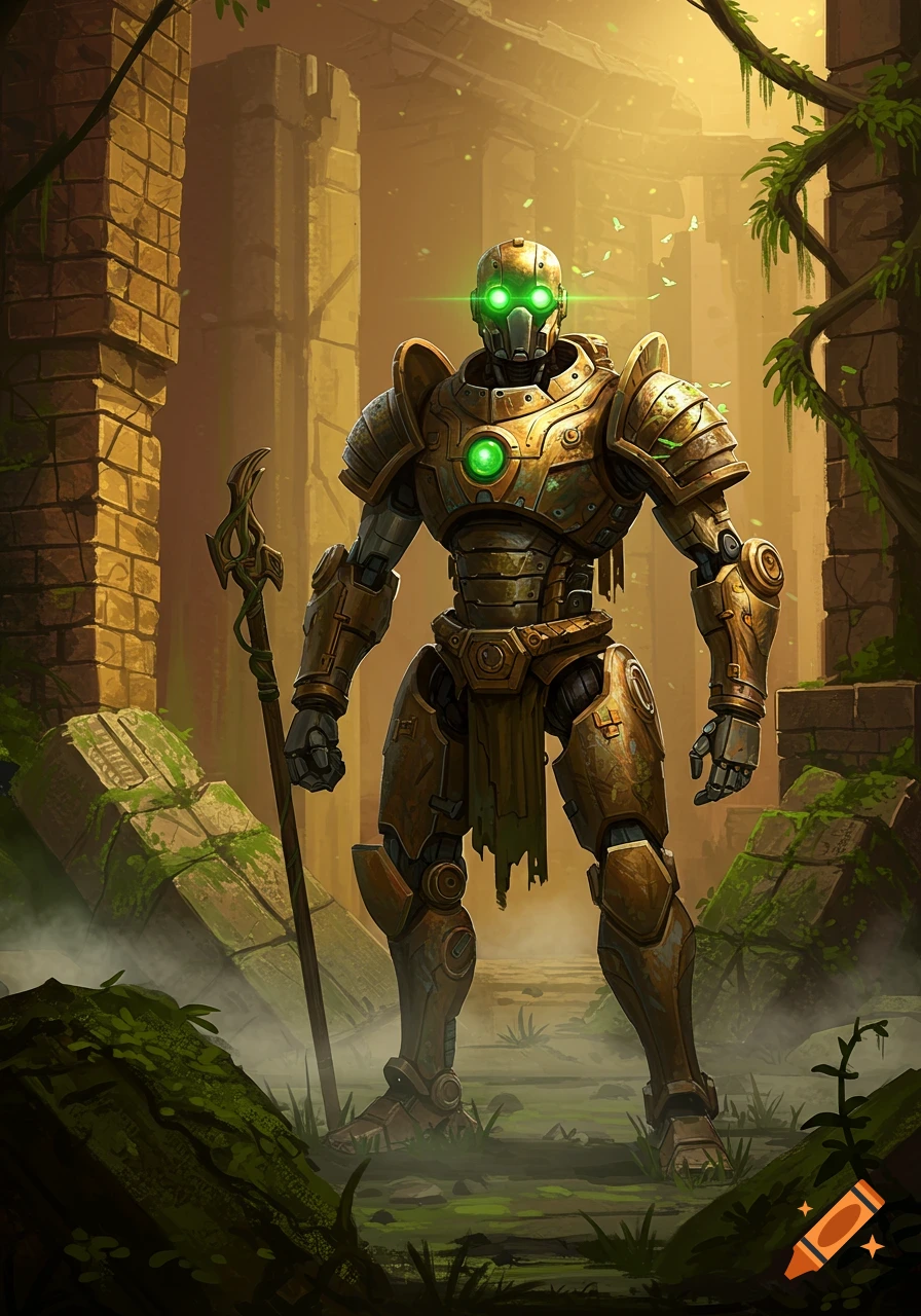 An armored robot with glowing green eyes and a staff stands in mossy ancient ruins under warm light.