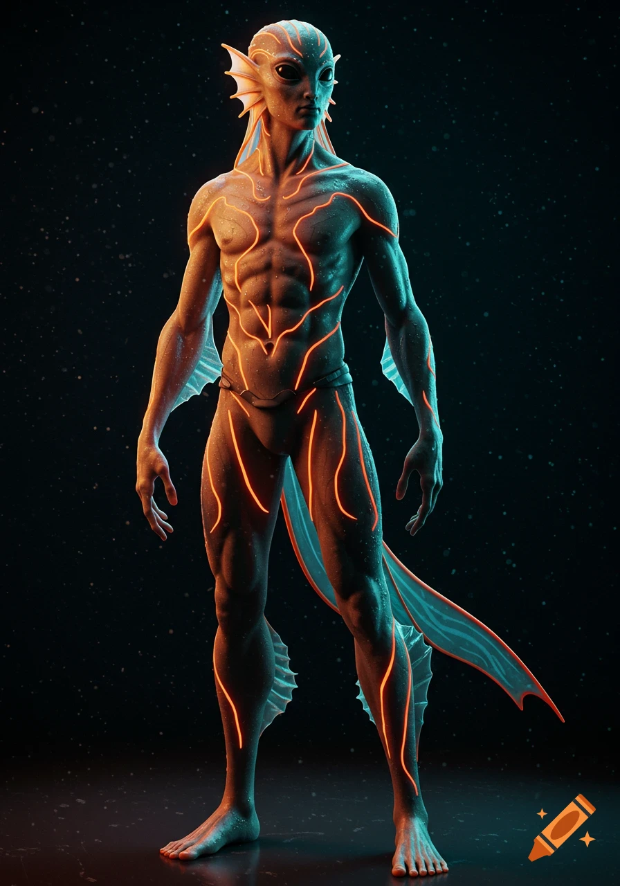 Photorealistic full-body male humanoid aquatic alien with glowing orange and cyan bioluminescent markings, fins, and water droplets.