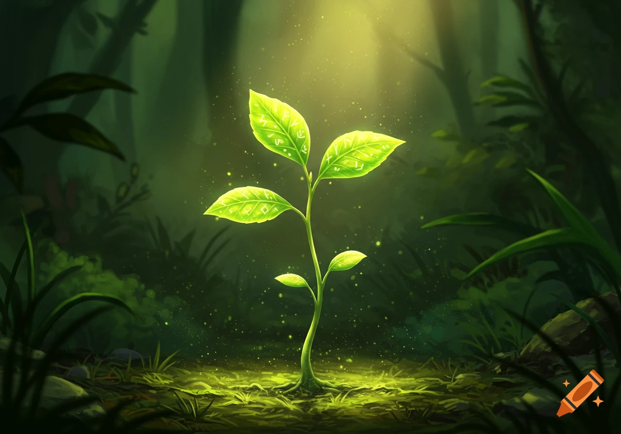 A glowing sapling with rune-like markings on its leaves stands in a mystical, dark forest under a beam of light.