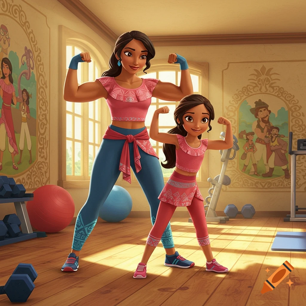 Elena of Avalor and her mom, in cartoon style, flexing their muscles together in a sunny gym.