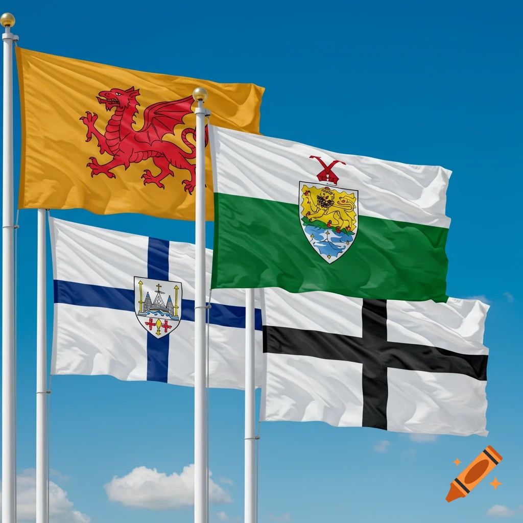 Four flags flying against a blue sky: the Welsh dragon flag, a green and white flag with a lion crest, a blue and white cross flag with a crest, and a black and white cross flag.
