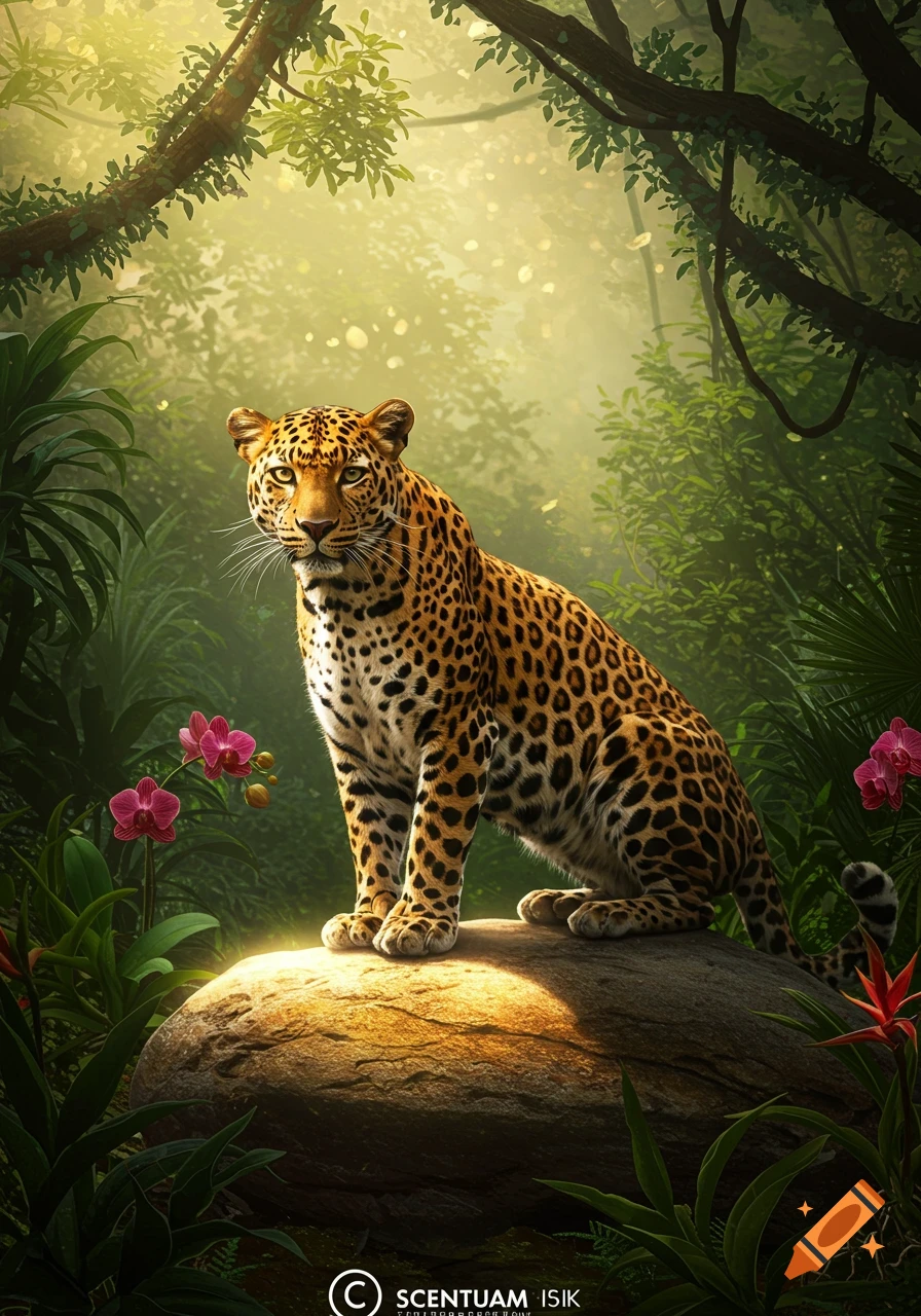 A majestic leopard sits on a sunlit rock in a vibrant, lush jungle, with pink orchids nearby, in a photorealistic style.