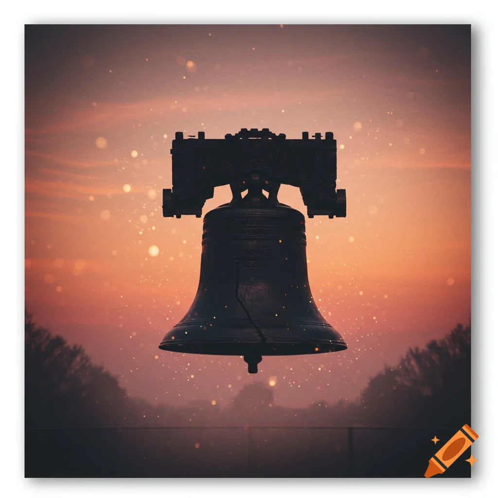 A dark silhouette of the Liberty Bell with its crack, set against a vibrant orange and pink sunset sky with numerous sparkling bokeh lights.
