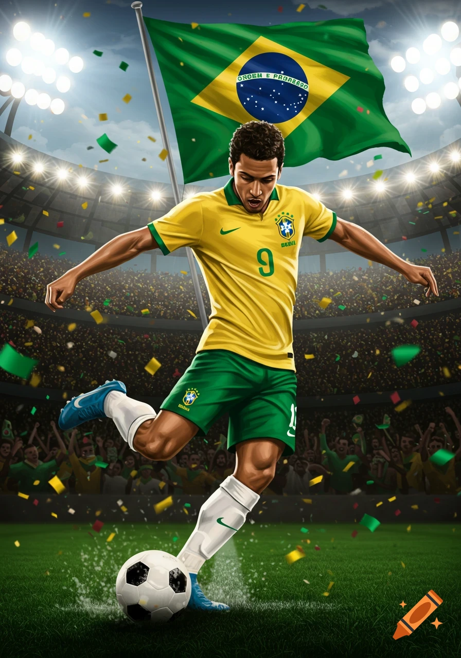 Illustrated Brazilian soccer player in a stadium, kicking a ball under a large Brazilian flag.