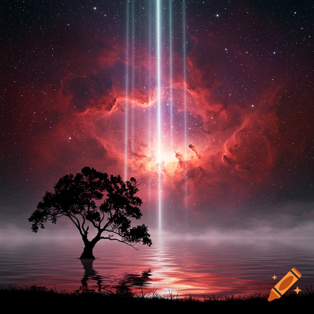 Silhouetted tree in water under a red nebula and bright light beams in a starry night sky.