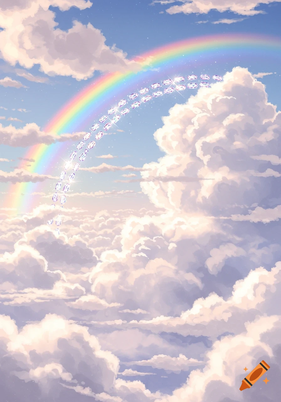 Vibrant illustration of a blue sky with fluffy clouds, a colorful rainbow, and sparkling faceted jewels arching across it.