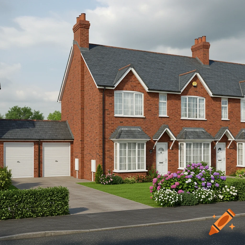 Photorealistic image of a row of red brick semi-detached houses with gray roofs, white trim, and colorful gardens, under a cloudy sky.