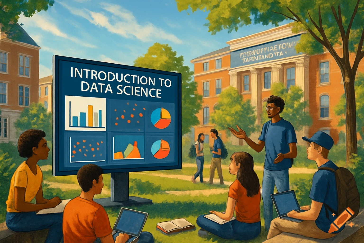 Students gather outdoors on a college campus lawn, looking at a large screen displaying "INTRODUCTION TO DATA SCIENCE" with charts and graphs.