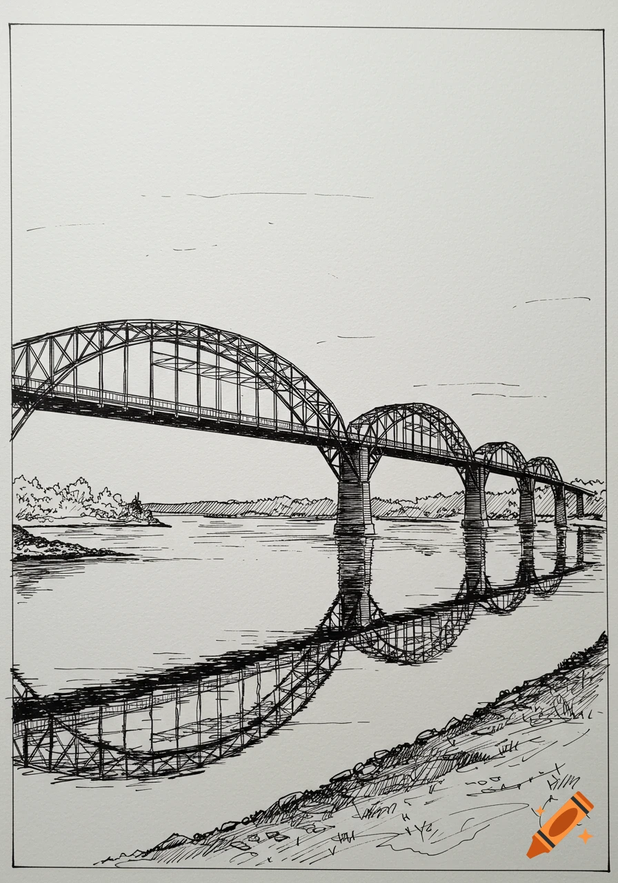 A black and white line drawing of a multi-arched bridge spanning a river, with its reflection in the water and trees on the far bank.