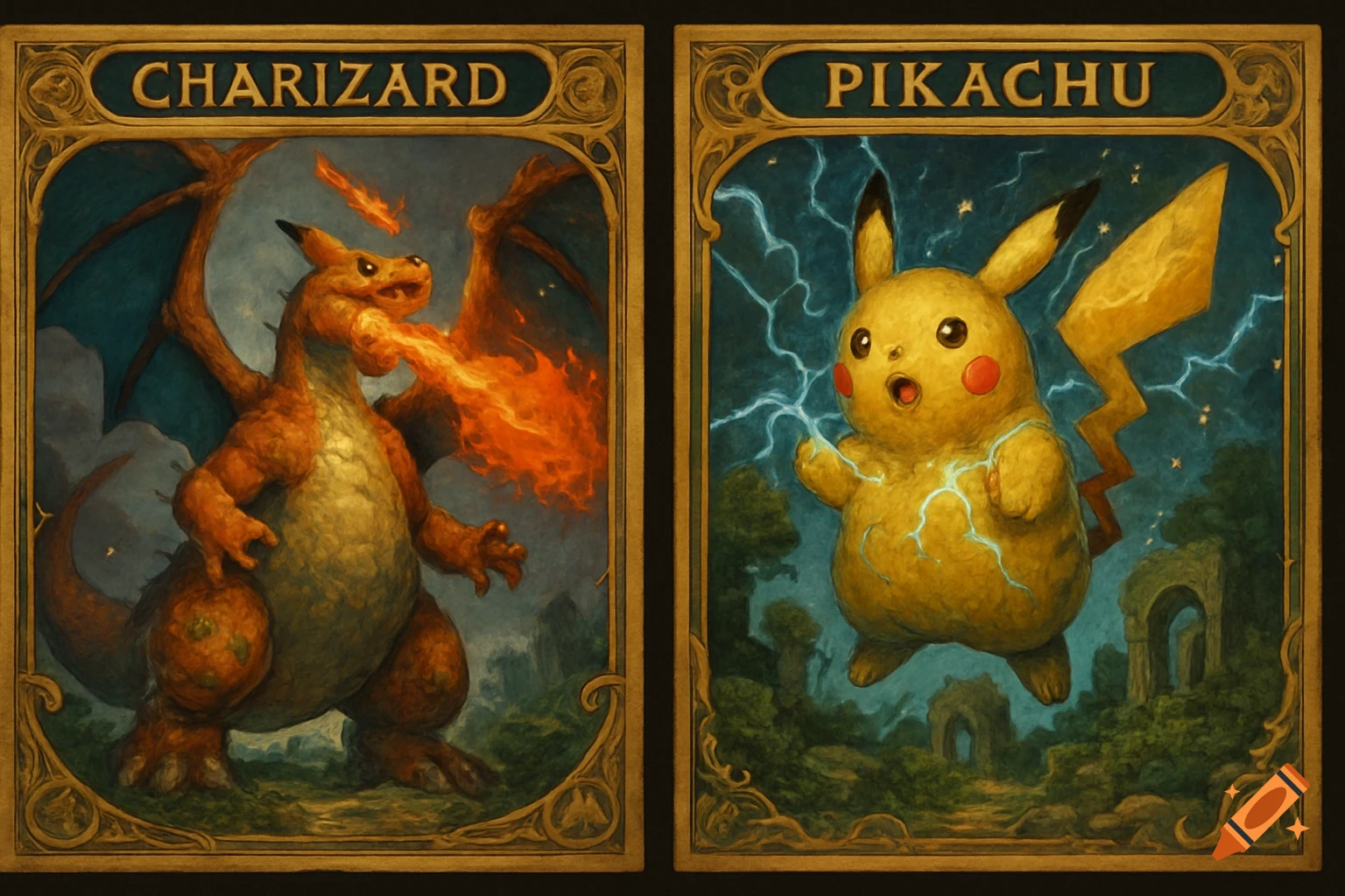 Two fantasy art trading cards. The left card shows a fire-breathing Charizard. The right card shows a sparking Pikachu with lightning.