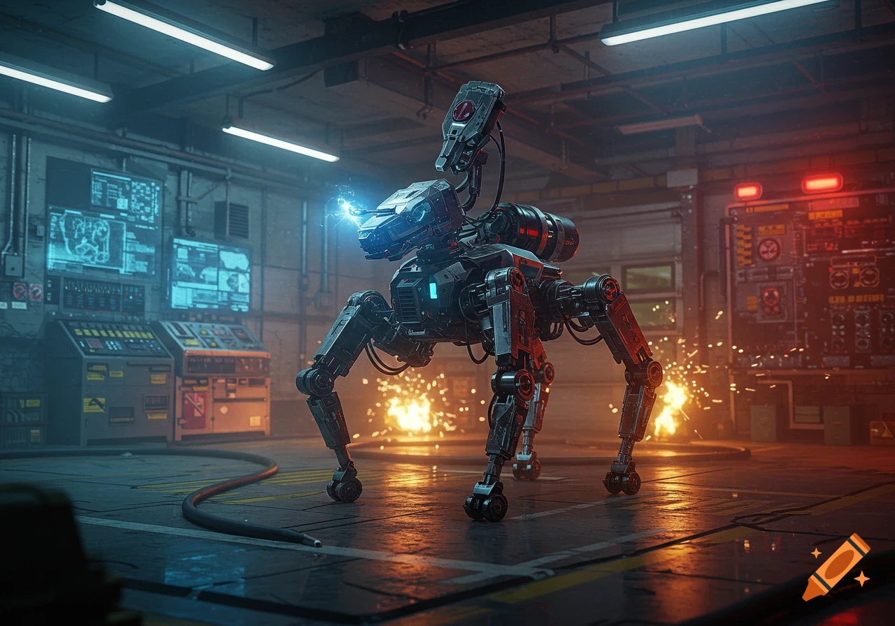 A dark, atmospheric image of an eight-legged spider-like robot with a glowing blue head and red accents, standing in a futuristic industrial workshop with sparks flying.