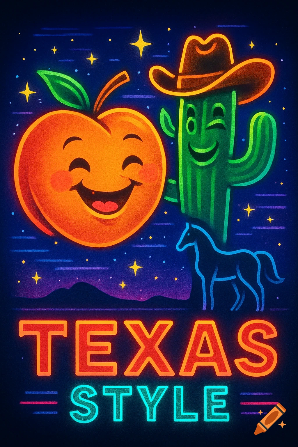 Playful neon cartoon of a smiling peach, a winking cowboy hat-wearing cactus, and a horse silhouette under a starry sky with 'Texas Style' text.
