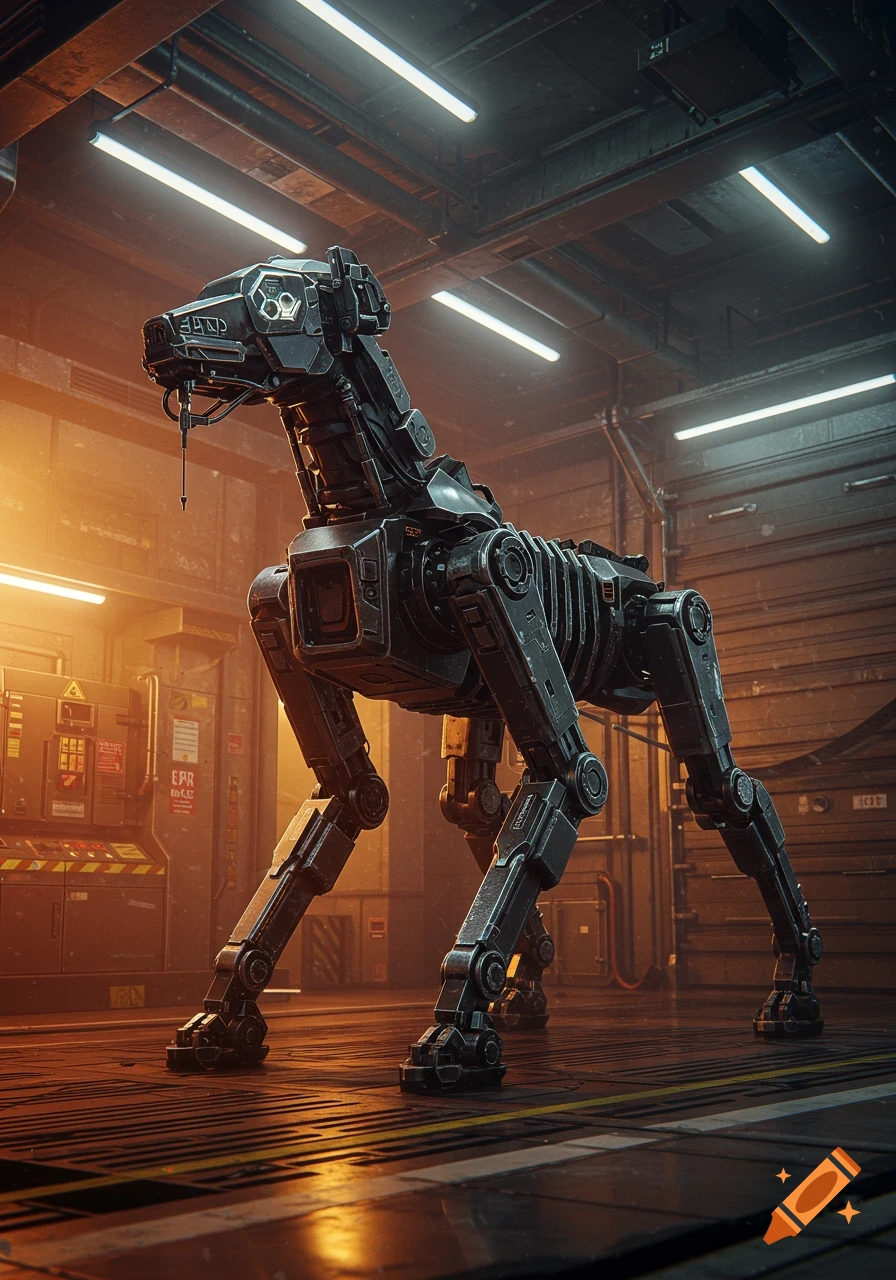 A dark, metallic robot dog with multiple legs stands in a dimly lit, futuristic industrial building, photorealistic style.