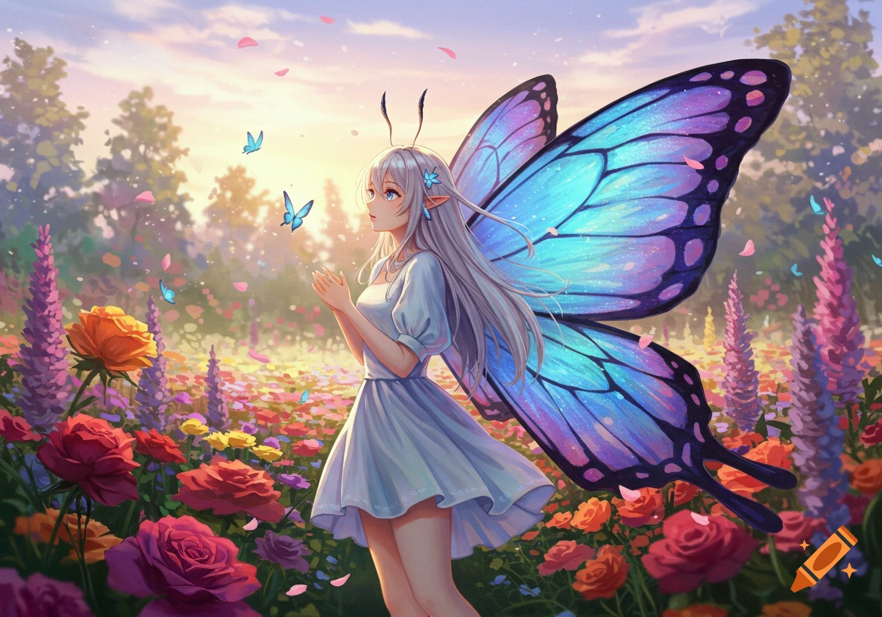 An anime girl with silver hair and blue butterfly wings stands in a colorful flower field, looking up at flying butterflies during sunset.