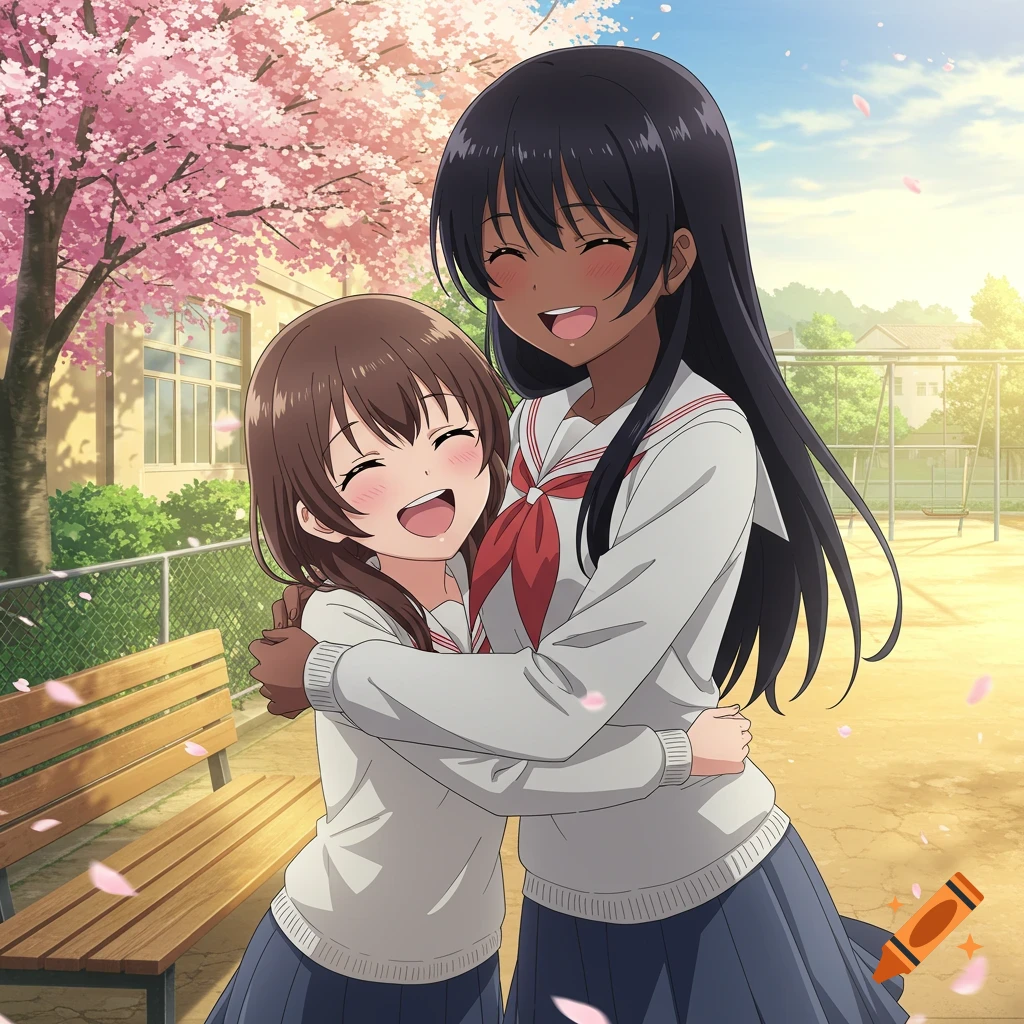 Two smiling anime schoolgirls, one with dark skin and black hair, the other with fair skin and brown hair, hug under a cherry blossom tree in a schoolyard.