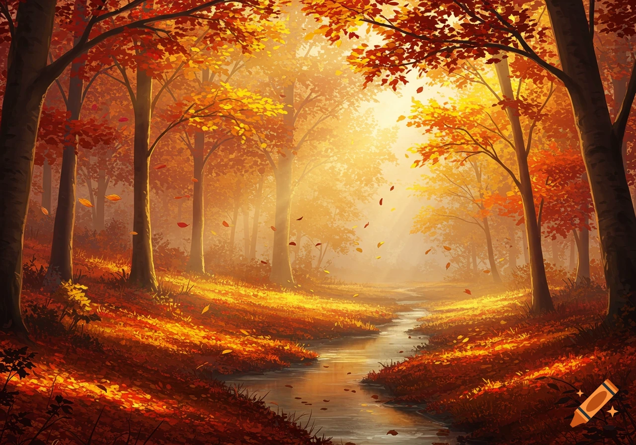 Vibrant autumn forest with a winding stream, golden light filtering through orange and yellow foliage, and fallen leaves covering the ground.