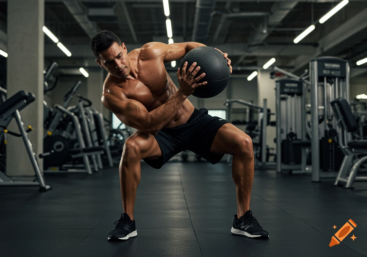 A muscular man performing a Russian twist with a medicine ball in a modern gym.