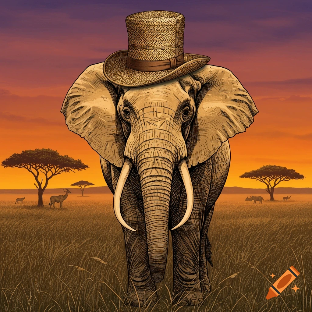 An illustrated elephant in a straw top hat stands in a savanna at sunset with acacia trees and antelopes in the background.