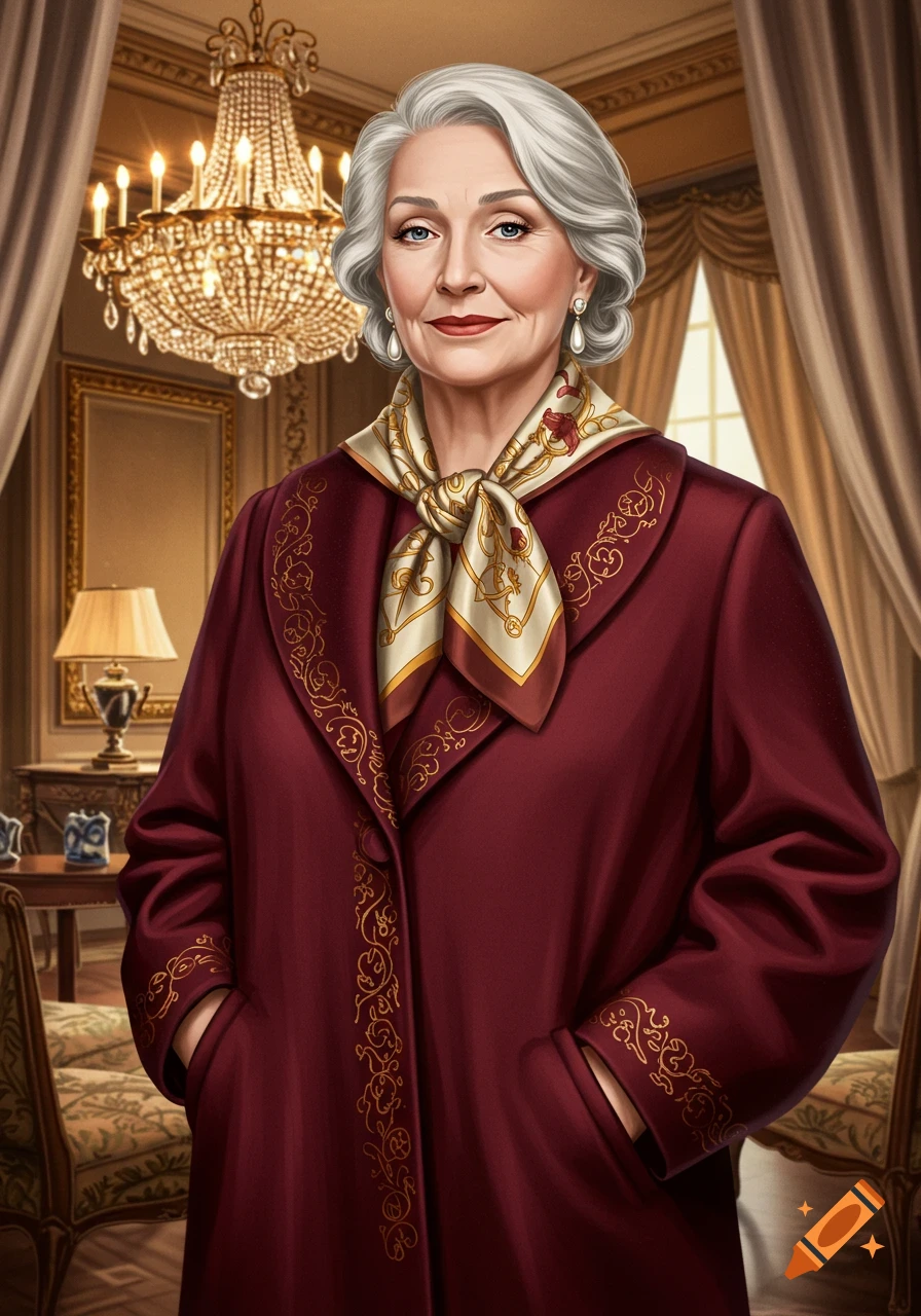 An elegant older woman with grey hair in a red coat and silk scarf stands in an opulent room with a chandelier.