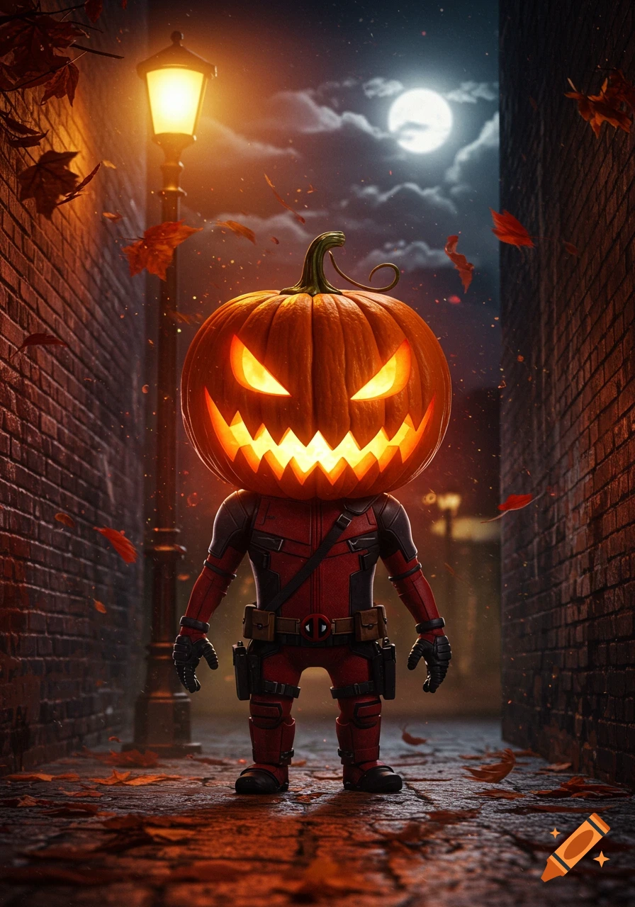 A Halloween character with a glowing Jack-o'-lantern head and a red Deadpool suit stands in a dark alley with a street lamp and full moon.