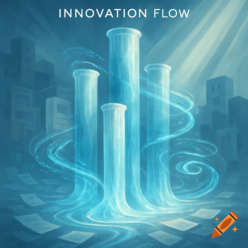Four glowing blue pillars with swirling energy flow, city background, scattered papers. Text: INNOVATION FLOW.