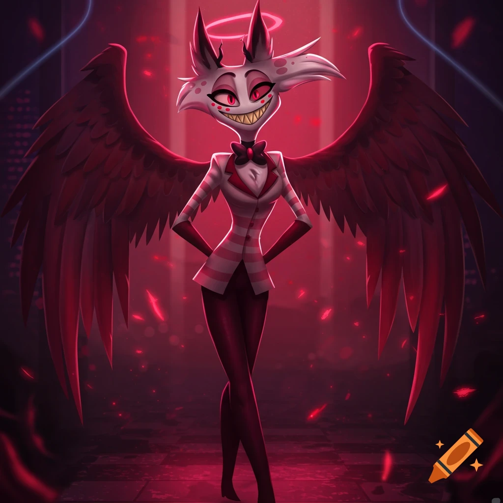 A white furry character with red eyes and large dark red wings, wearing a striped suit and black pants, stands confidently with a red halo in a dark, red-lit background.