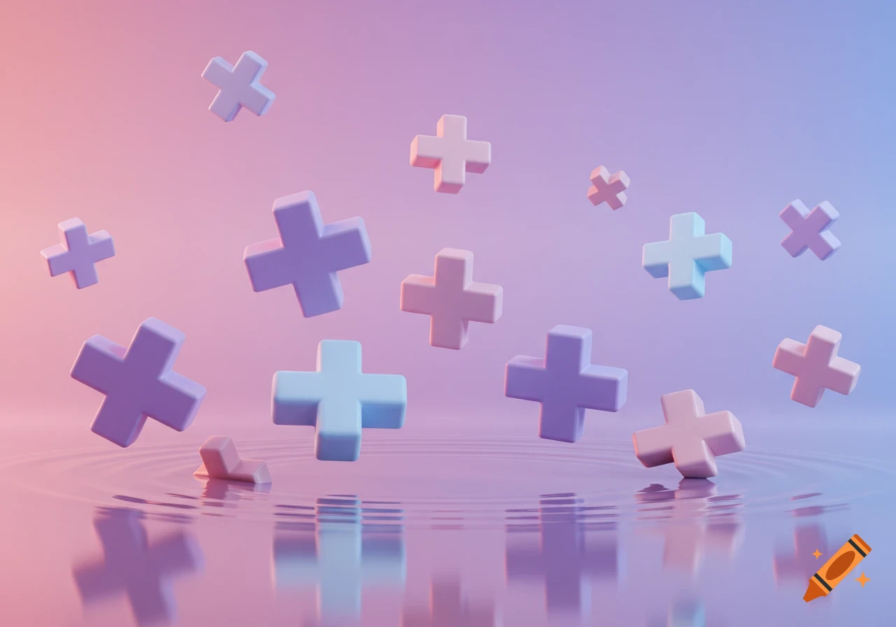 Soft pastel-colored 3D plus signs float above a reflective surface with ripples, against a gradient background of pink, purple, and blue.