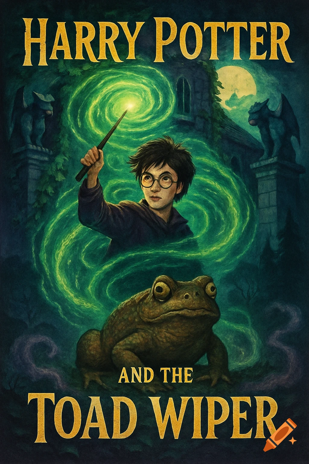 Fantasy book cover showing Harry Potter casting green magic above a large toad, with a castle in the background.