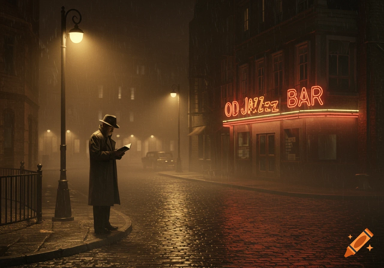 A man in a trench coat reads a book under a street lamp on a rainy city street at night, with a neon 'OD JAZZzz BAR' sign in the background.