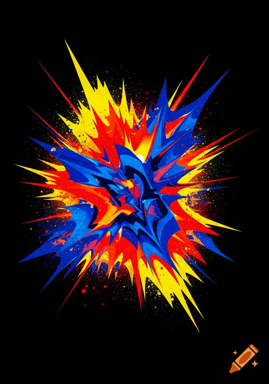 A vibrant abstract explosion of red, blue, and yellow with sharp, jagged shapes and paint splatters on a black background.