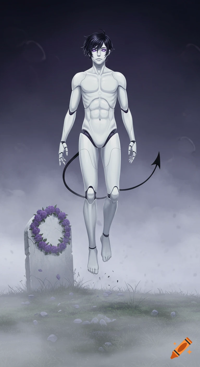 Anime robot man with black hair, purple eyes, and a demon tail floats over a misty graveyard with a tombstone adorned with purple roses.
