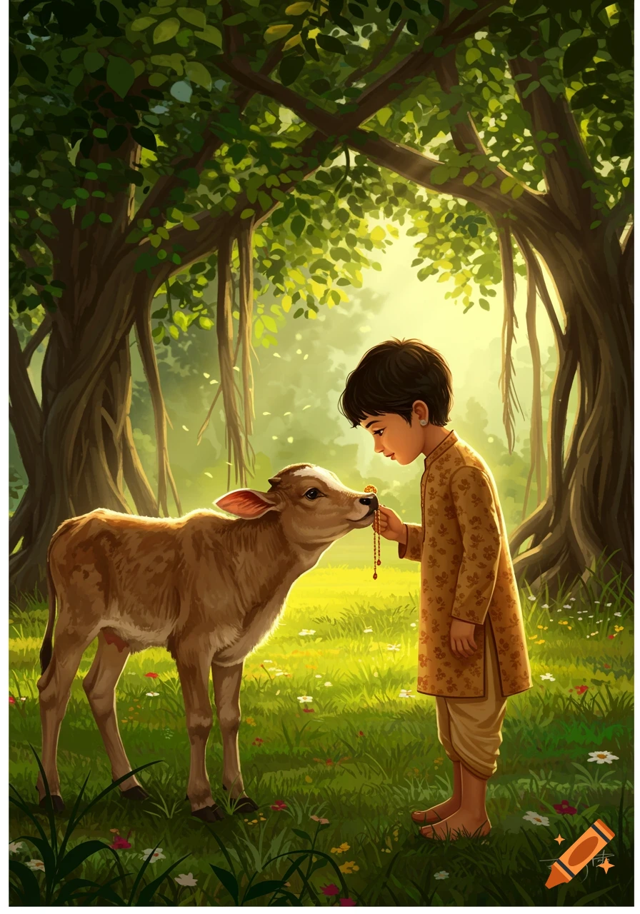 Illustrated scene of a young Indian boy in traditional attire holding an ornament for a baby calf in a sunlit green forest.