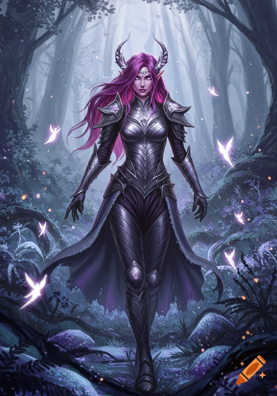 A majestic female fae warrior with long purple hair and horns stands in shimmering silver armor in a magical forest with glowing fairies.