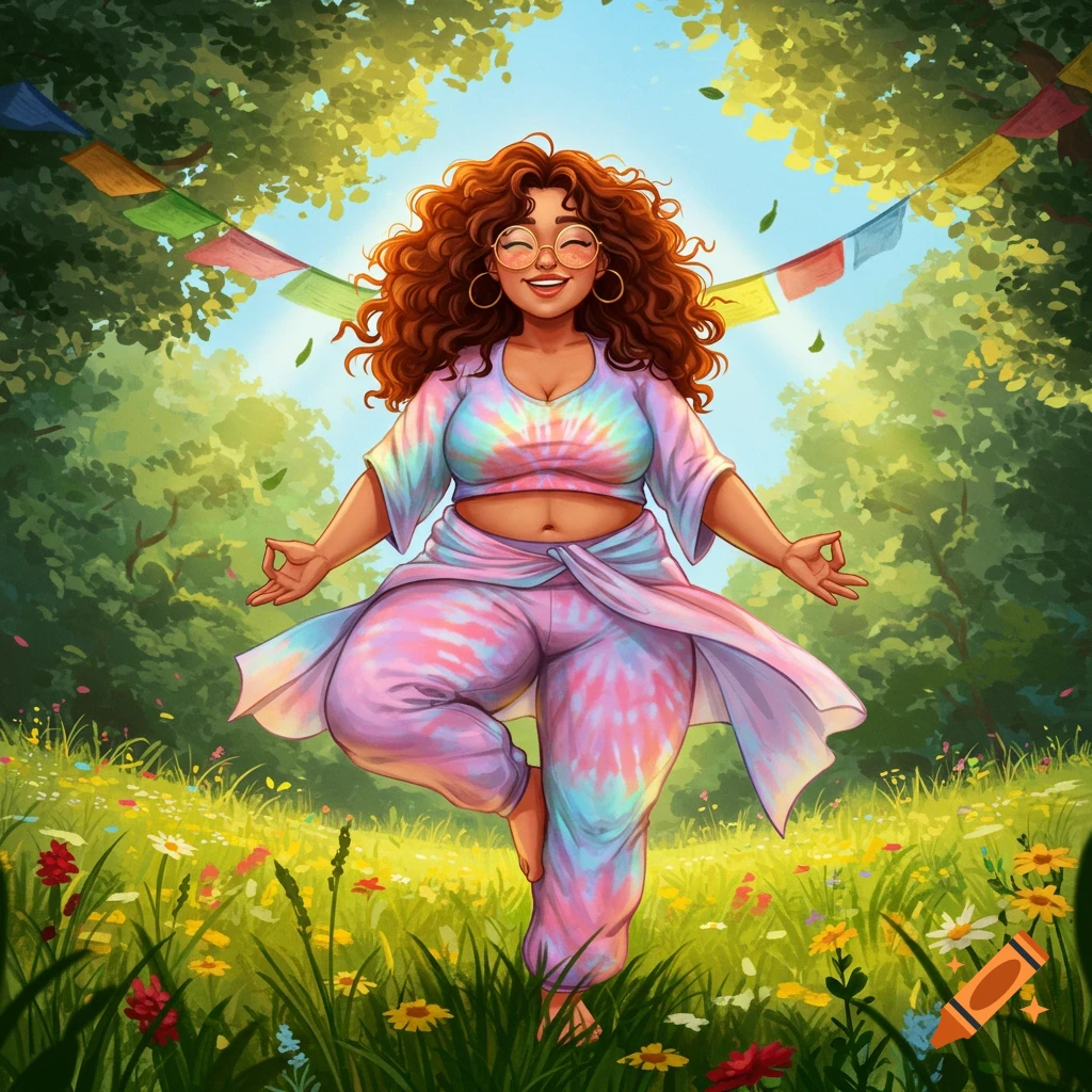 Smiling, plus-size woman with curly red hair and glasses in a tie-dye outfit doing a yoga tree pose in a sunny, flower-filled meadow, cartoon style.