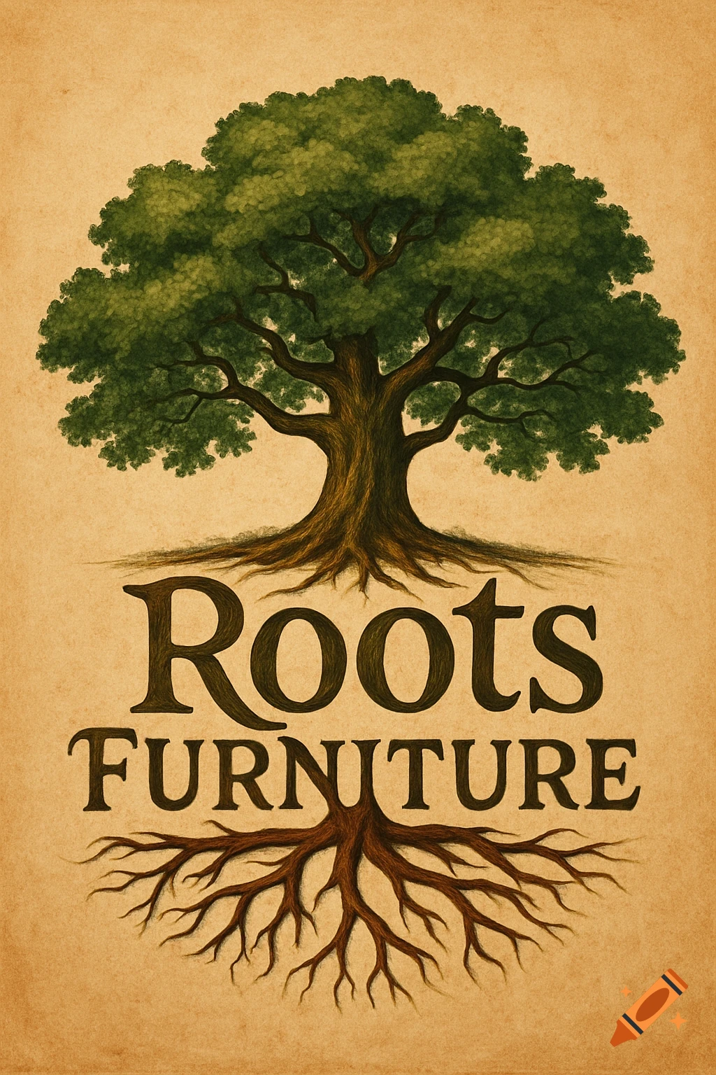 Vintage-style logo for "Roots Furniture" with a tree, its canopy at the top and exposed roots at the bottom, on a sepia background.