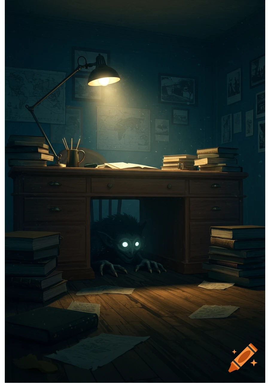 A dark creature with glowing white eyes and sharp claws peeks out from under a wooden desk in a dimly lit, book-filled room.