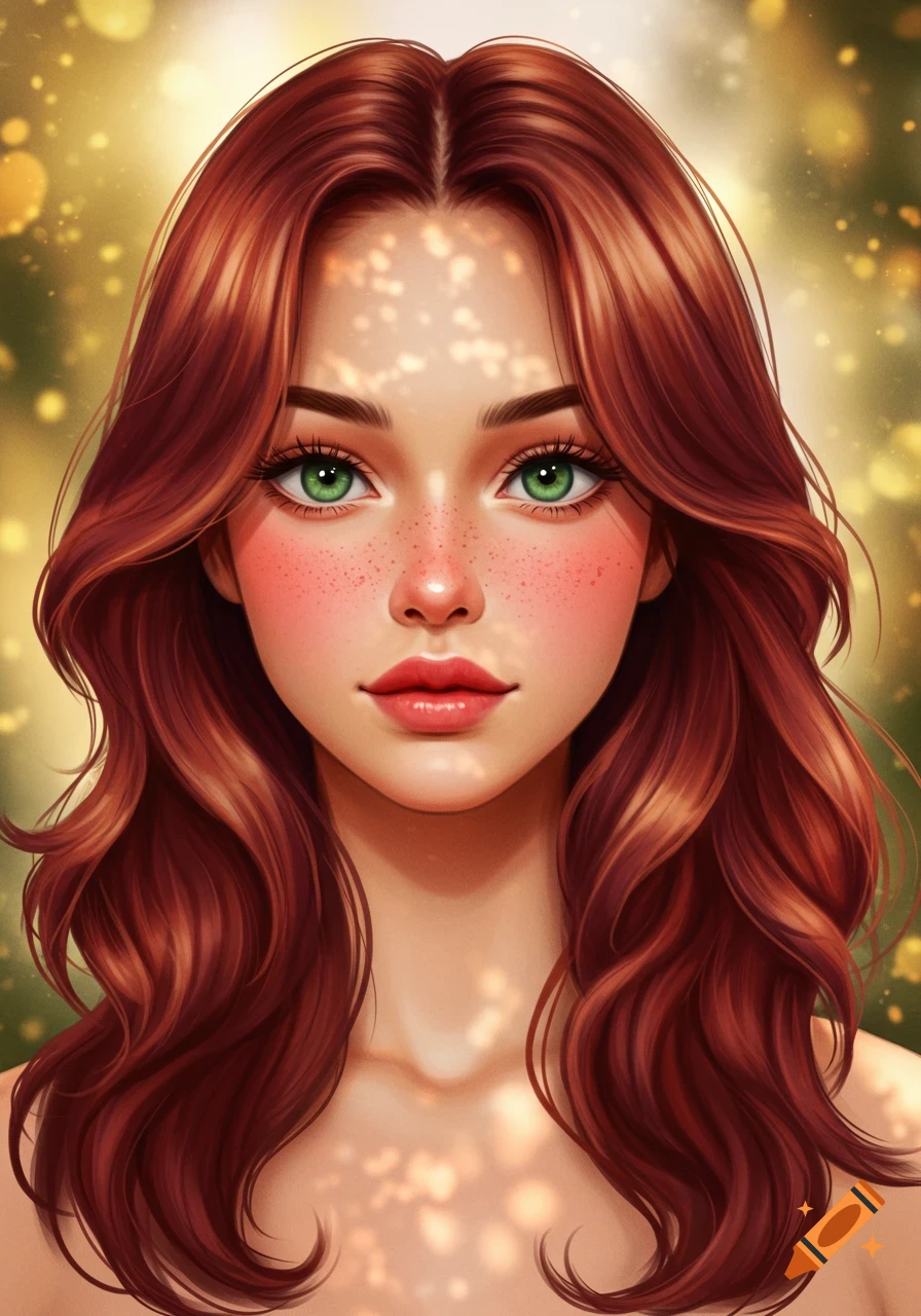 Stylized portrait of a young woman with wavy reddish-brown hair, green eyes, freckles, rosy cheeks, and a glowing golden background.
