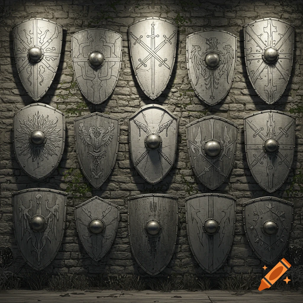 A collection of medieval-style shields with various intricate designs hanging on an old brick wall, like artwork.